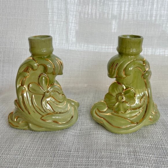 Vintage Holland Mold Green Ceramic Candlesticks With Gold Floral Accents — Pair